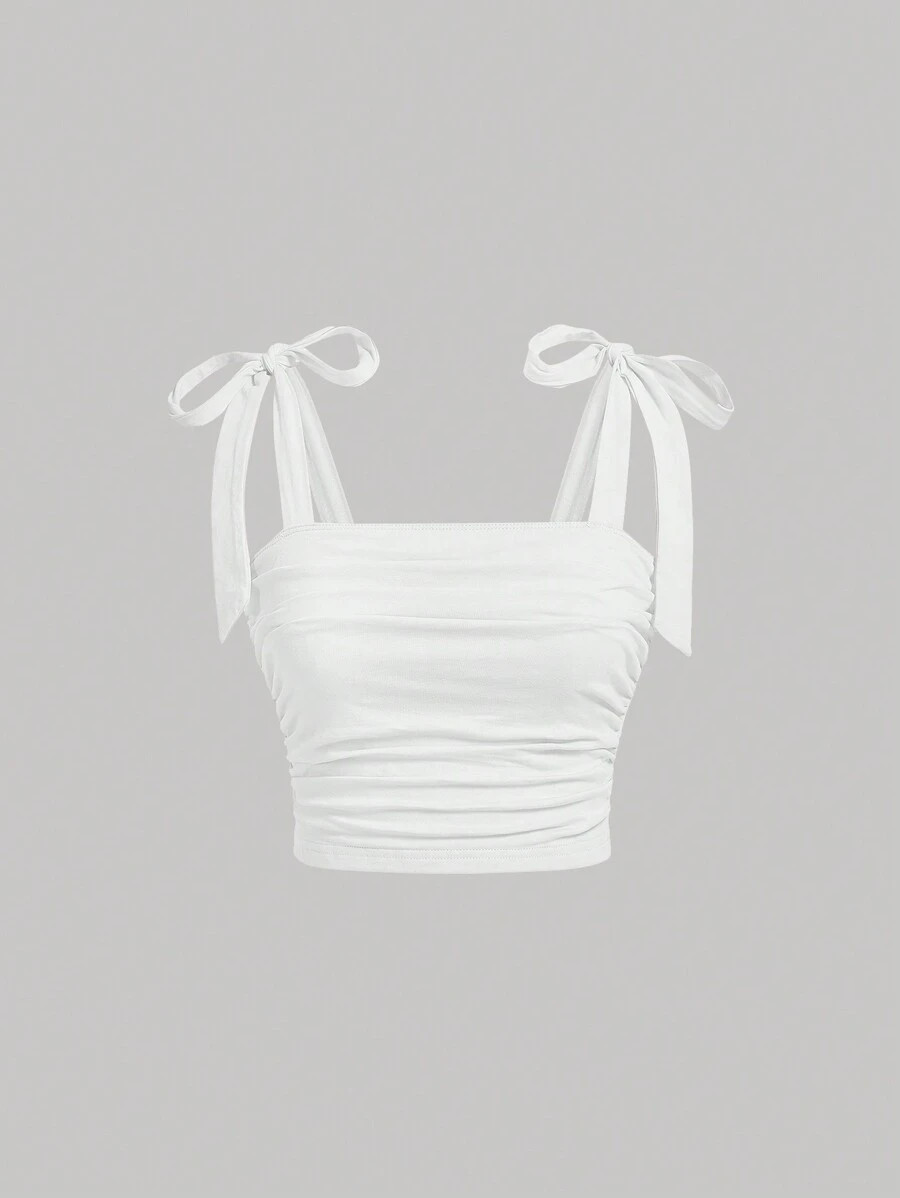 SHEIN MOD White Bow Summer Solid Tie Shoulder Cami Top | SHEIN