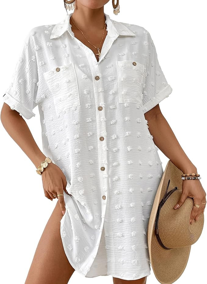 Bsubseach Swimsuit Coverup for Women Swiss Dot Bathing Suit Swimwear Button Down Beach Shirt Cove... | Amazon (US)