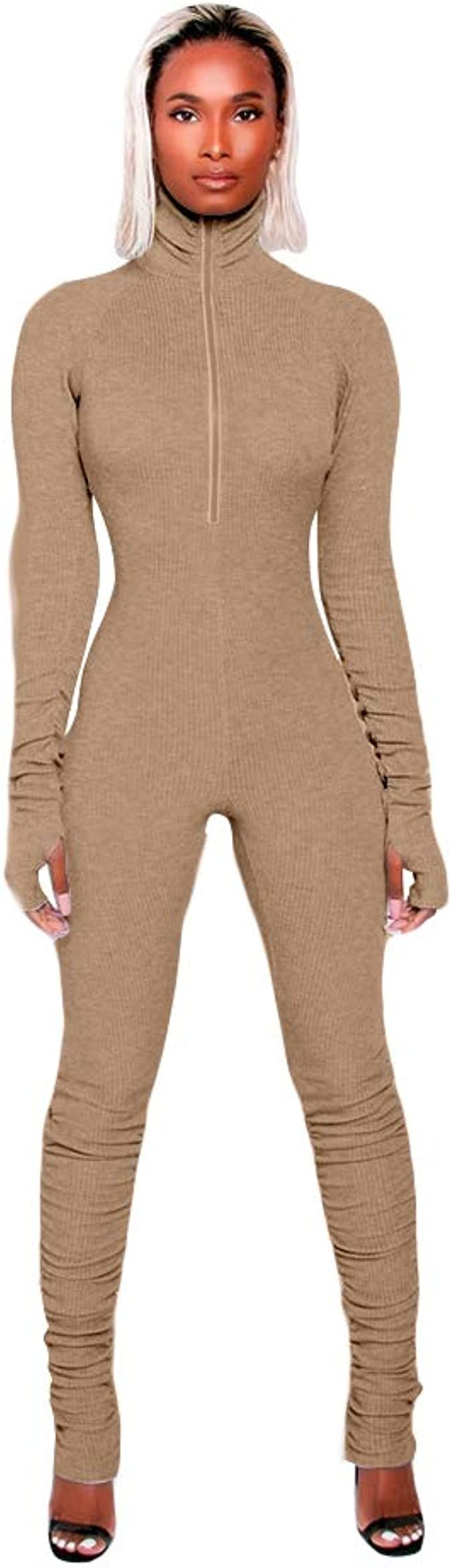 Amazon.com: XLLAIS Women's Long Sleeve High Neck Zipper Bodycon Tight Full Length Jumpsuits Rompe... | Amazon (US)