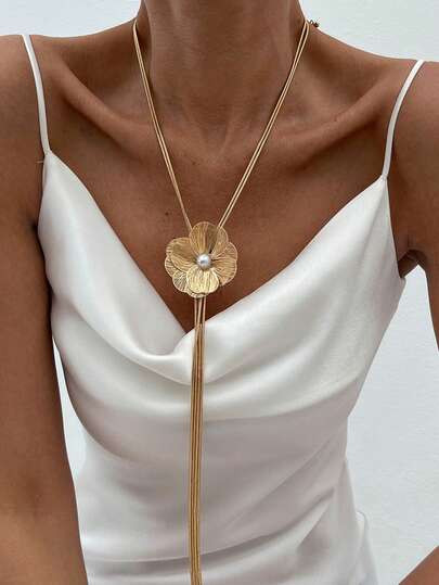 1pc Ginkgo Leaf Pendant Necklace, Long Floral Tassel, Minimalist, Fashion Pearl Small Flower & Snake Chain Necklace, High-Grade Metal Texture Tassel Long Choker, Suitable For Women's Daily And Party Wear - Size one-size | SHEIN