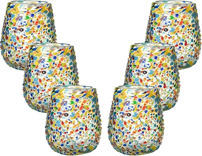 Confetti Dots Hand Blown Stemless Wine Glasses Set of 6 – Colorful Mexican Glassware – 16 oz ... | Amazon (US)