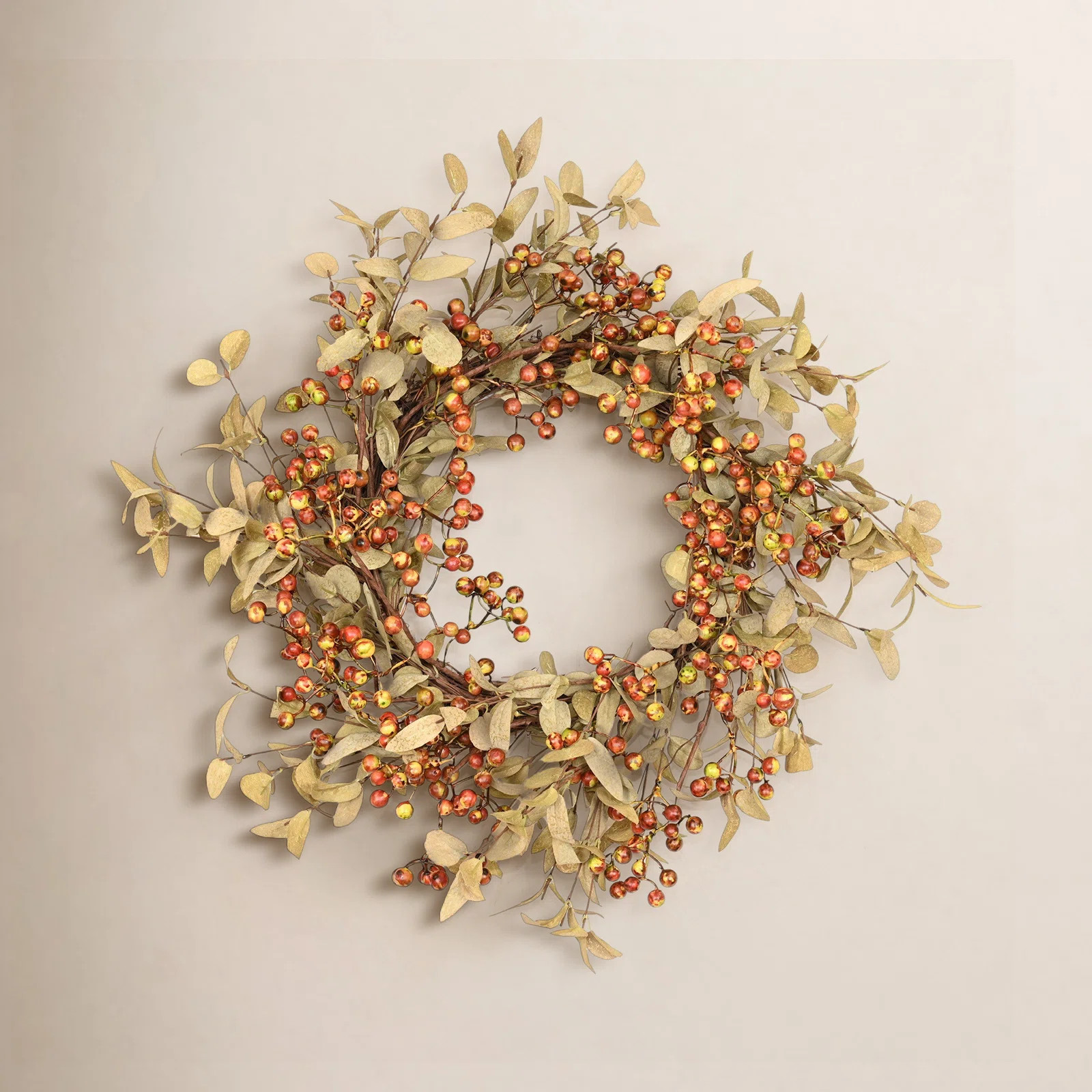 22" Artificial Farmhouse Autumn Foliage Thanksgiving Day Harvest Blossom Cluster Eucalyptus Berry Twig Fall Wreath For Front Door | Wayfair North America