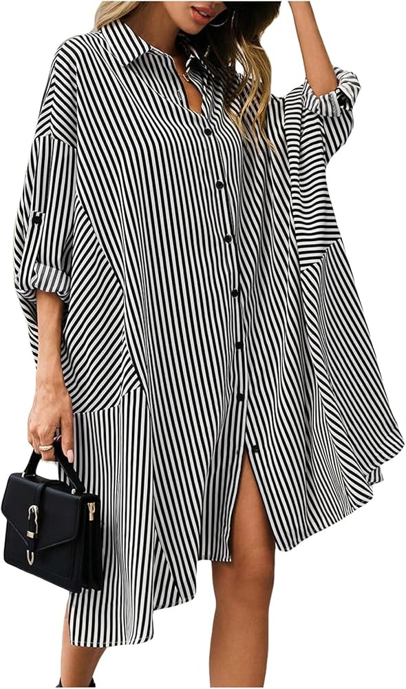 MakeMeChic Women's Casual Striped Button Down Dress Oversized Long Sleeve Collar Neck Short Dress... | Amazon (US)