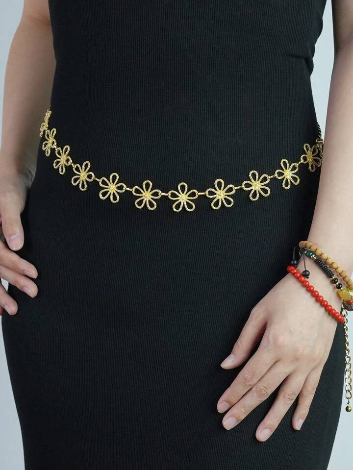 1pc Women's Vintage Metal Hollow Out Flower Chain Body Chain Bohemian Hairstyle Casual Decoration... | SHEIN