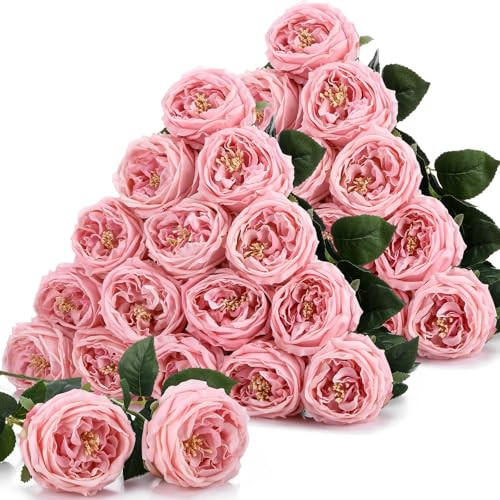 Giegxin 20 Pcs Real Touch Peonies Austin Roses Artificial Flowers, Faux Look Real Long Stems Fake Flower with Big Blooms for Christmas Valentines Wedding Party DIY Arrangement Home Decor(Pink) | Amazon (US)