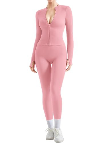 SUUKSESS Women 2 Piece Seamless Ribbed Workout Sets With Zip Up Jacket High Waisted Gym Yoga Leggings(Light Pink,S) | Amazon (US)