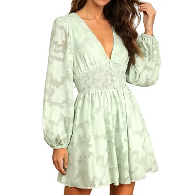 Women's Long Sleeve V-Neck Chiffon Mini Dress Flowy A-Line High Waist Casual Dress for Daily Wear Green S | Target