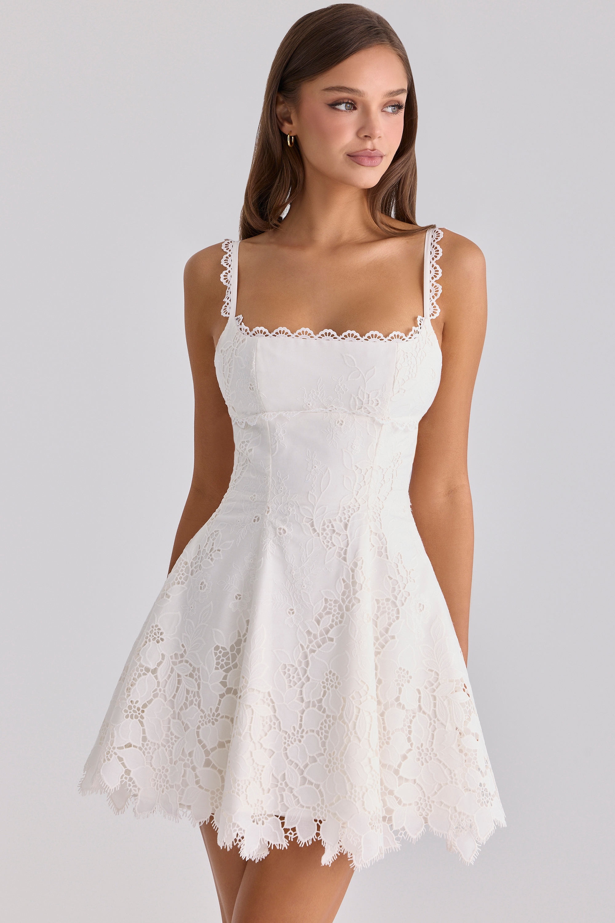 white custom lace broderie anglaise mini dress | House of CB