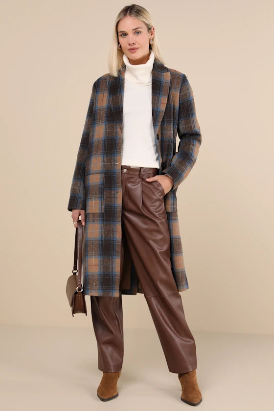 Posh Weather Brown and Blue Plaid Collared Peacoat | Lulus