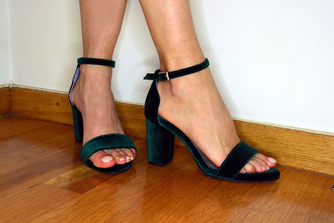 Dark Green Velvet Block Heels, Green Wedding Sandals, Forest Green Bridal Shoes, Green Wedding Sh... | Etsy (US)