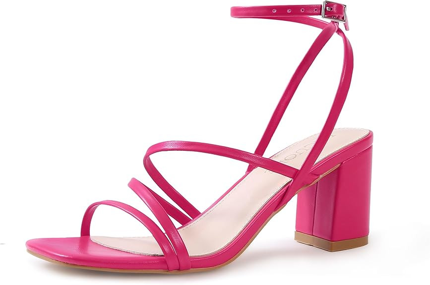 LACUONE Women's Mid Heels Square Toe Chunky Block Heeled Strappy Ankle Buckle Pump Sandals | Amazon (US)