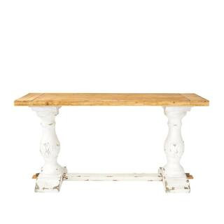59 in. White Large Rectangle Wood Distressed Console Table with Brown Wood Top | The Home Depot