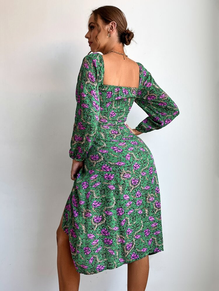 Floral Print Drawstring Front Sweetheart Neck Slit Hem Dress | SHEIN