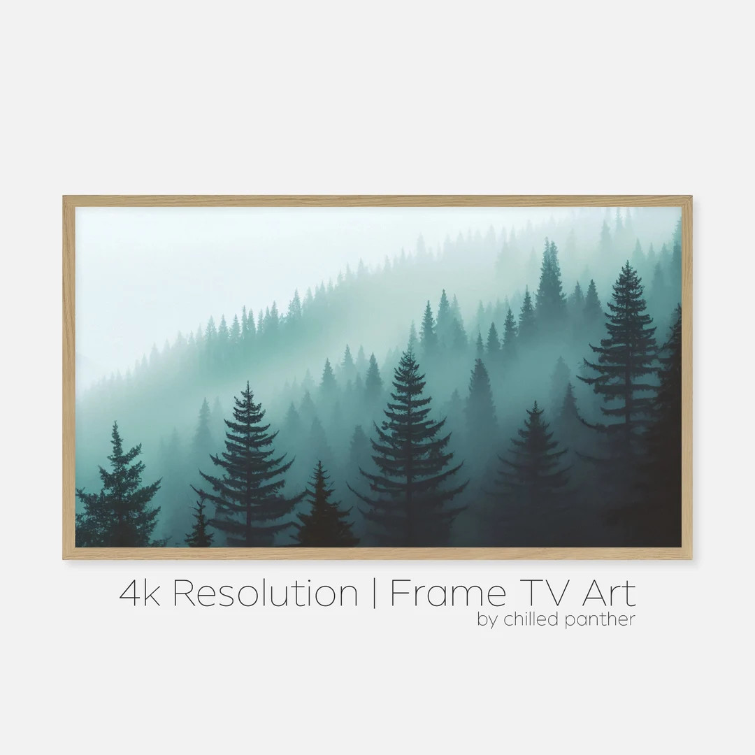 Samsung Frame TV Art Landscape Misty Teal Mountain Foggy Green Forest Painting Canvas Texture DIG... | Etsy (US)