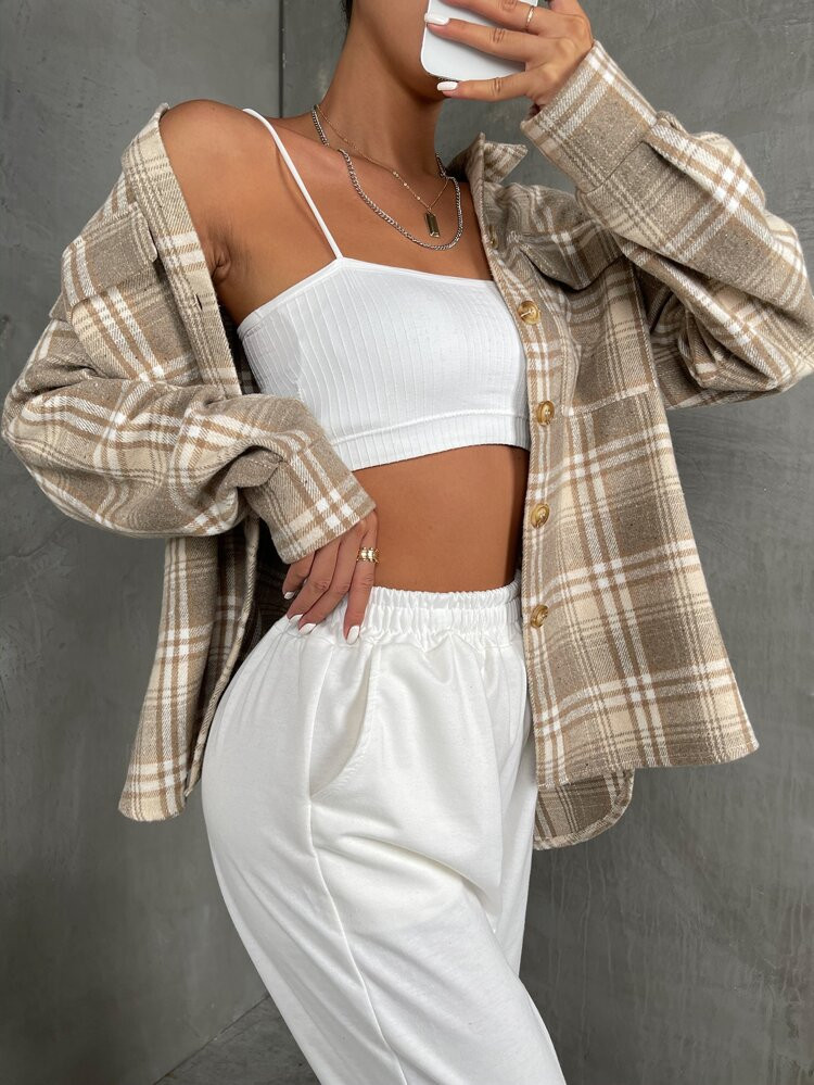 Plaid Print Flap Pocket Button Front Overcoat | SHEIN