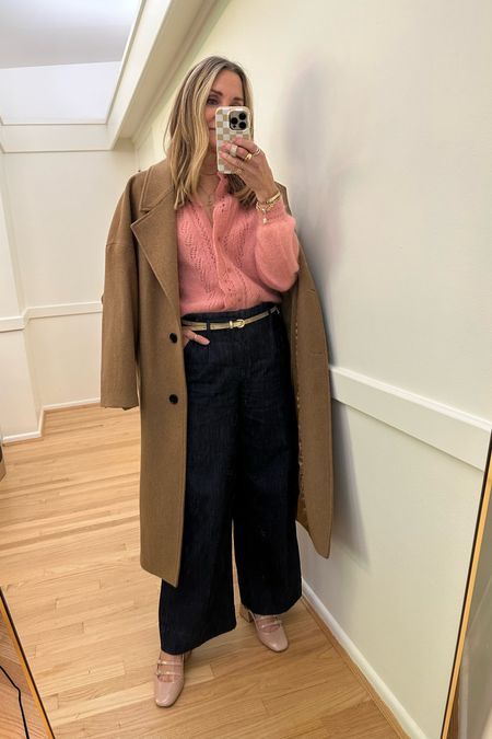 Sunday ootd! Mango camel coat, Sezane pink cardigan, NYDJ trouser jeans, mary Jane heels, workwear, fall style 2023, church outfit, wide leg jeans, dark wash jeans 

#LTKworkwear #LTKstyletip #LTKfindsunder100