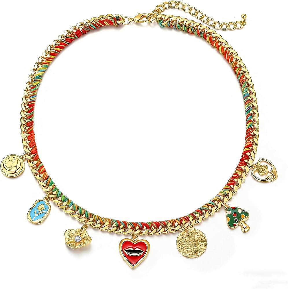 Colorful Charms Pendant Necklace for Women Multicolour Rope Gold Cuban Link Chain Statement Neckl... | Amazon (US)