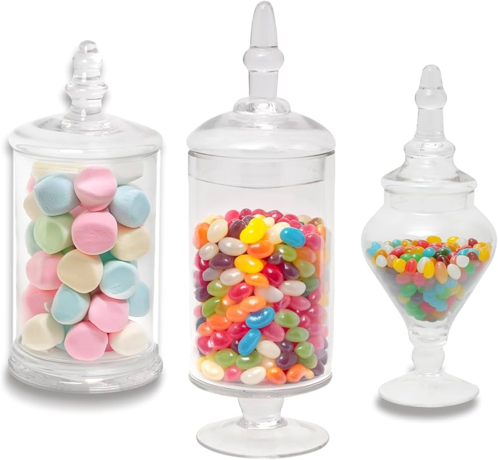 Mantello Glass Apothecary Jars with Lids- Set of 3 Jars for Candy Buffet - Apothecary Jars for Ba... | Amazon (US)