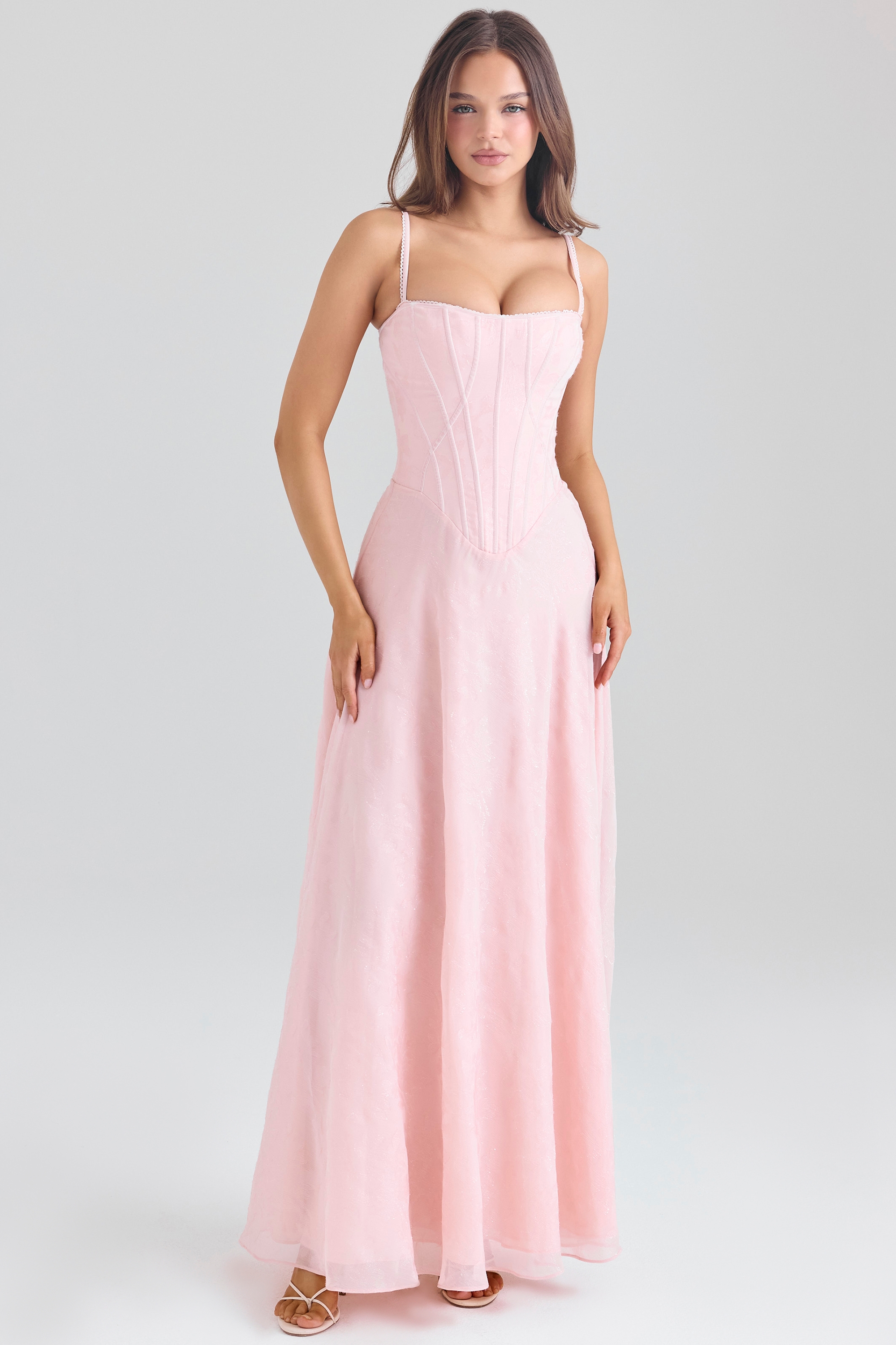 blush pink lurex chiffon maxi dress | House of CB
