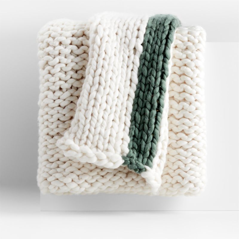 Ivory Chunky Knit Christmas Throw Blanket with Green Stripe 70"x55" | Crate & Barrel | Crate & Barrel