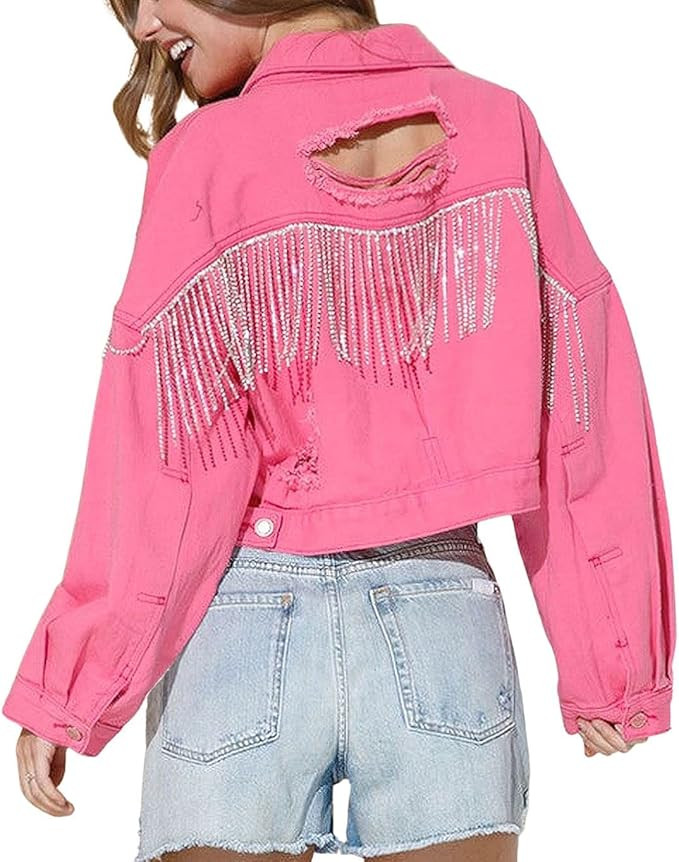 Chartou Women's Diamond Rodeo Rhinestone Denim Jacket Button Down Crop Fringe Jean Jacket | Amazon (US)