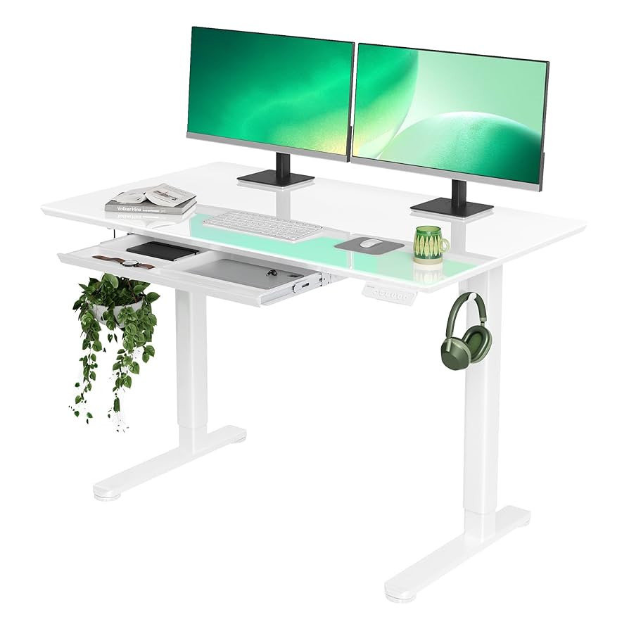 INNOVAR Glass Standing Desk with Drawers, 48×24 Inch Adjustable Stand Up Desk Quick Install Home... | Amazon (US)