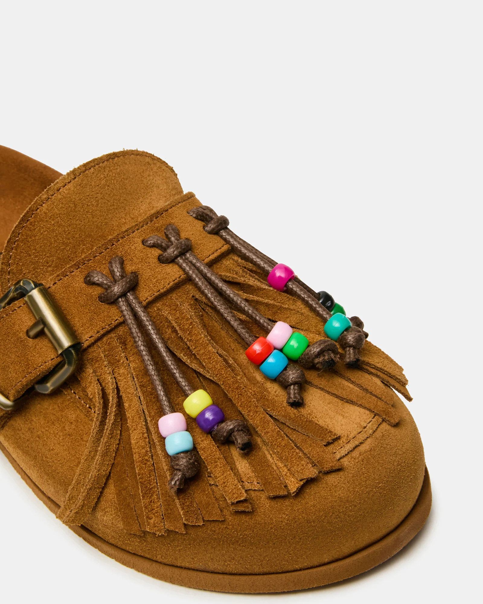 BING Chestnut Suede Slip-On Mule Footbed Fringe Women's Flat | Steve Madden (US)