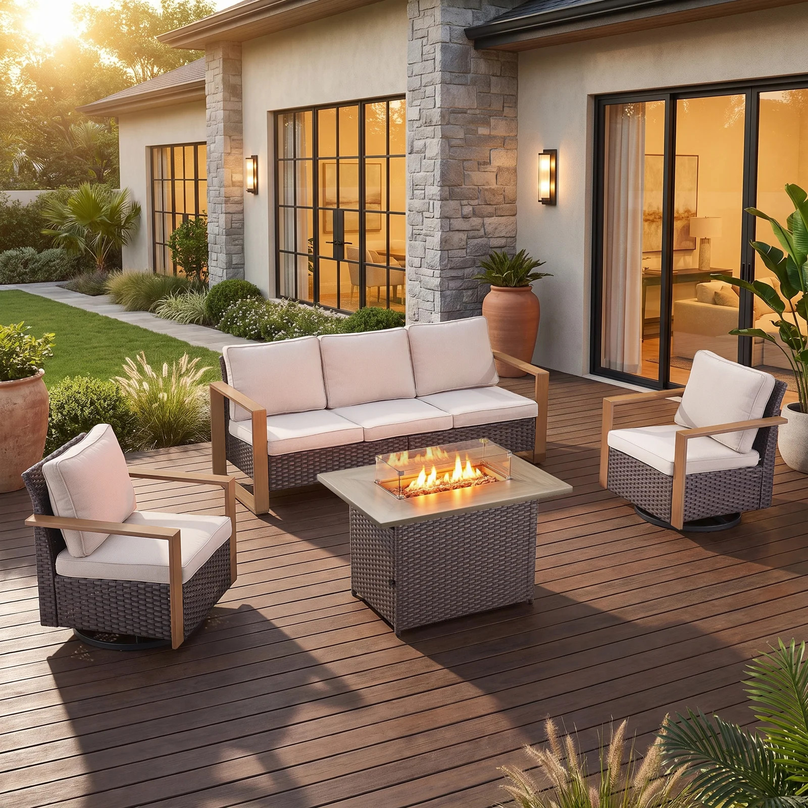 Aldiana Swivel 4-Piece Outdoor Wicker Patio Conversation Set With Cushions, Rectangle Fire Pit Table | Wayfair North America