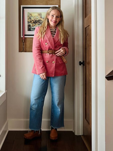 Belt and blazer combination // colored blazer, woven belt, layered necklaces, Boden stripe top, wide leg madewell denim, clogs 
❤️ Claire Lately 

#LTKSeasonal #LTKworkwear #LTKover40