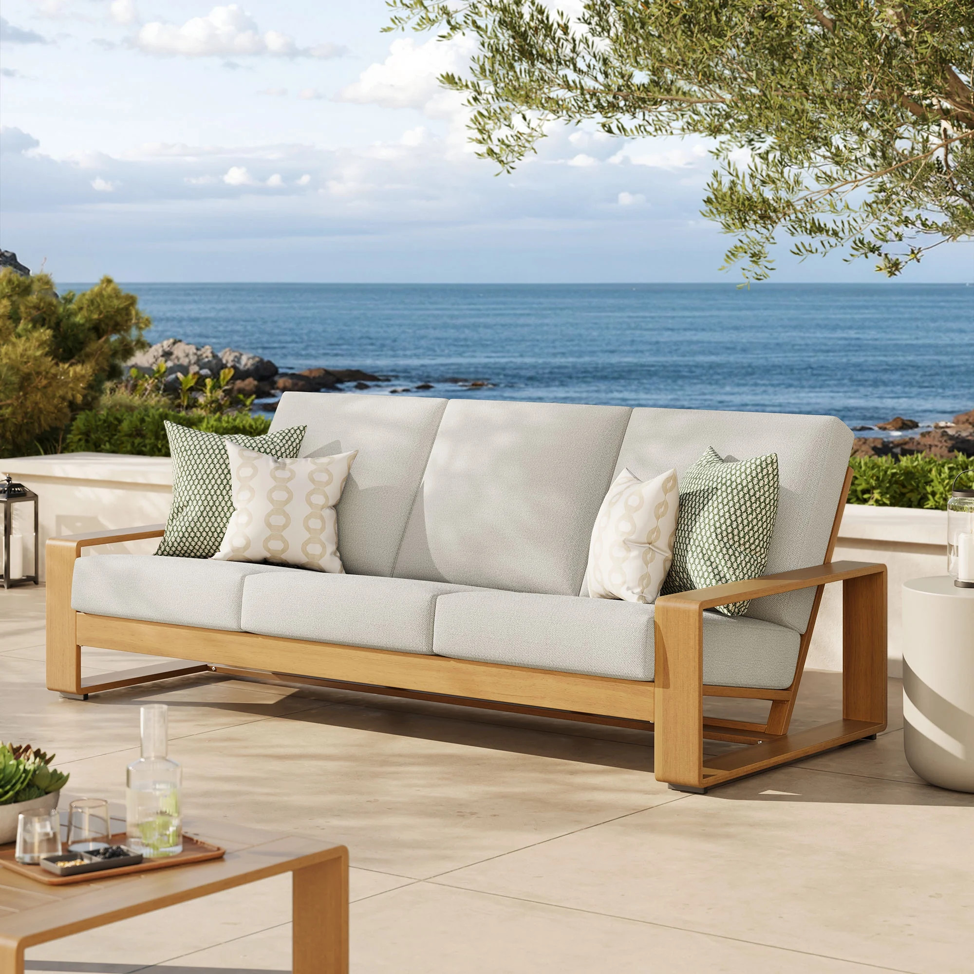 Lirienne Outdoor Patio Aluminum Faux Wood Sofa in Ivory Natural - Walmart.com | Walmart (US)