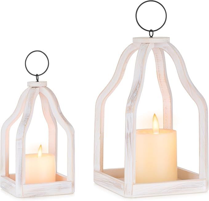 Wood Decorative Candle Lanterns Set of 2, Indoor Farmhouse Hanging Candle Holder for Table Center... | Amazon (US)