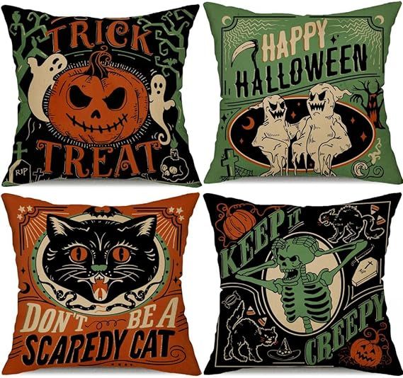 DFXSZ Halloween Pillow Covers 18x18 Set of 4 Vintage Halloween Decor Scaredy Cats Pumpkins Skelet... | Amazon (US)