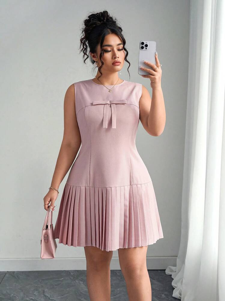 Elenzga Plus Size Crew Neck Princess Seam Pleated Linen-Feel Elegant French Girly Sleeveless Low ... | SHEIN