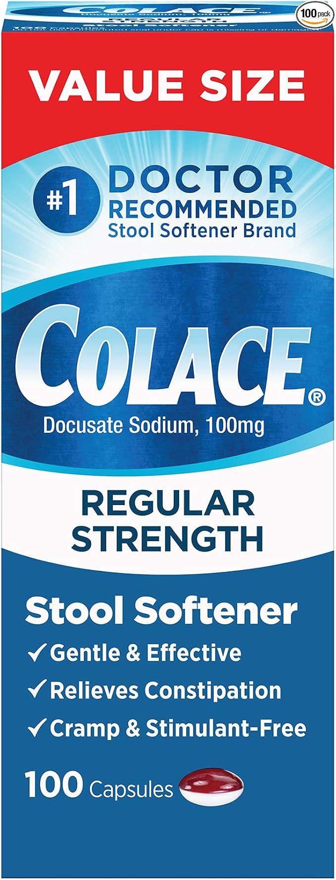 Colace Regular Strength Stool Softener 100 mg Capsules 100 Count Docusate Sodium Stimulant-Free f... | Amazon (US)