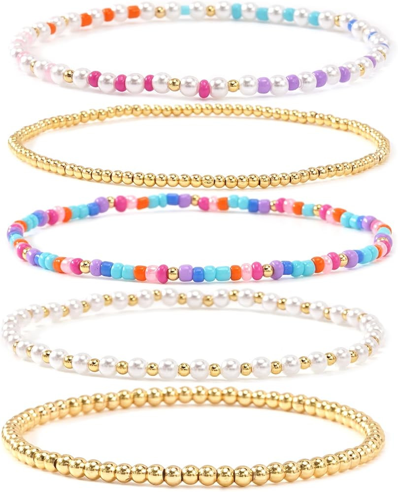 14K Gold Plated Beaded Bracelets Stack Set for Women,Stretch Boho Colorful Beads Ball Jewelry Fri... | Amazon (US)