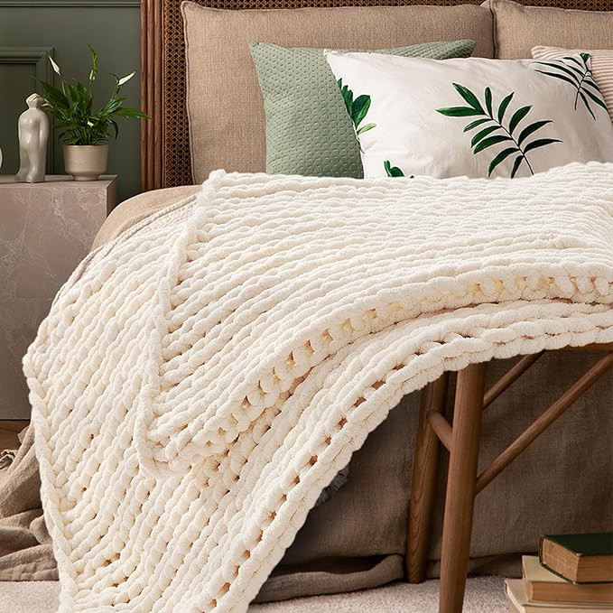 Cream White Throw Blanket, 40" x 50" Chunky Knit Blanket, Handmade Warm & Soft Chenille Throw Bla... | Amazon (US)