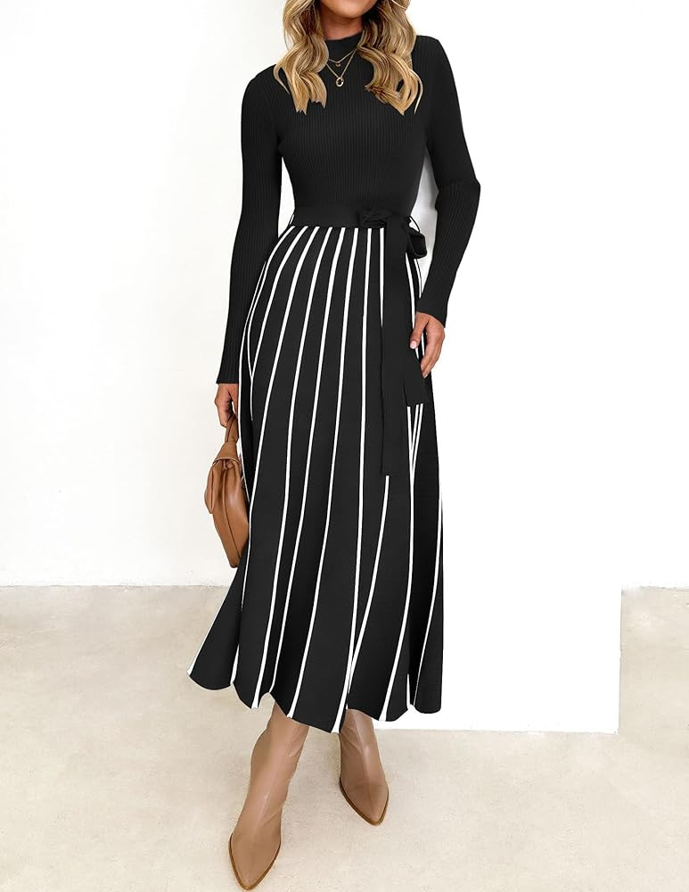 ZESICA Womens 2026 Spring Turtleneck Long Sleeve Sweater Dress Tie Waist Casual Loose Ribbed Knit... | Amazon (US)