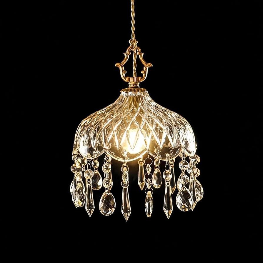 Small Vintage Crystal Pendant Light Kitchen Island,French Brass Glass Mini Hanging Light,Adjustab... | Amazon (US)