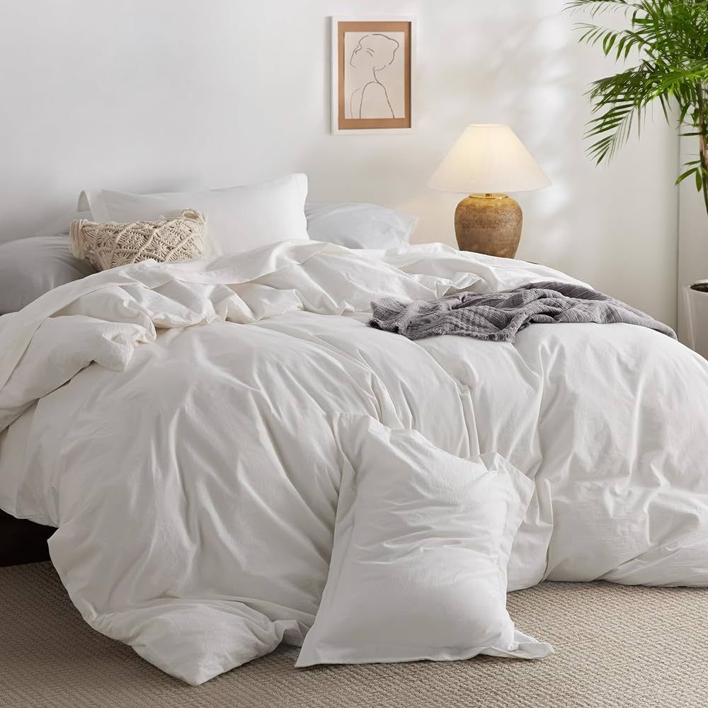 Bedsure 100% Washed Cotton Duvet Cover Queen Size - Cream White Minimalist Cotton Duvet Cover for... | Amazon (US)