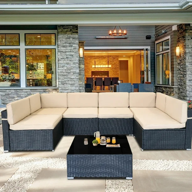 7 Piece Rattan Sectional Sofa Set, Outdoor Conversation Set, All-Weather Wicker Sectional Seating... | Walmart (US)