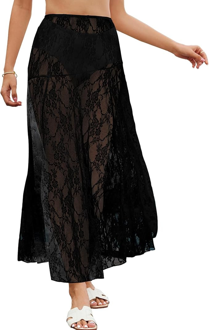 Bsubseach Women Summer Lace Maxi Skirt Elastic Waist Sheer Beach Cover Up Long Skirts | Amazon (US)