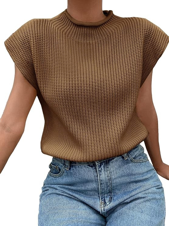 SheIn Women's Mock Neck Short Cap Sleeve Sweater Vest Casual Solid Pullover Top Coffee Brown X-La... | Amazon (US)