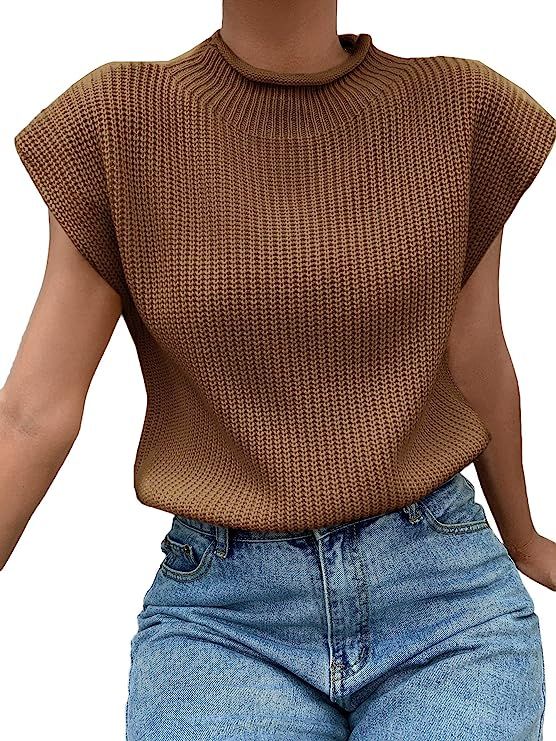 SheIn Women's Mock Neck Short Cap Sleeve Sweater Vest Casual Solid Pullover Top Coffee Brown X-La... | Amazon (US)
