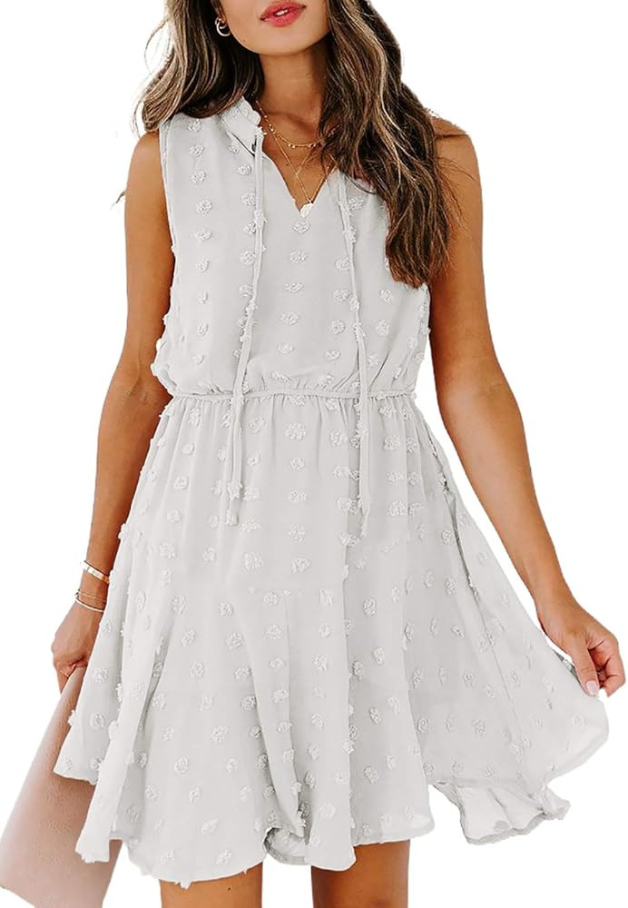 Azokoe 2021 Women Summer V Neck Sleeveless Mini Dresses Casual Swiss Dot Loose Dress | Amazon (US)