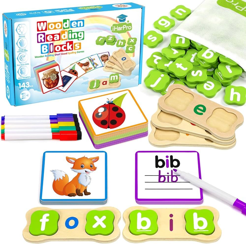 Wooden Bone Shape Reading Blocks for Toddlers, Montessori Short Vowel Letters Sorting Spelling Ed... | Amazon (US)