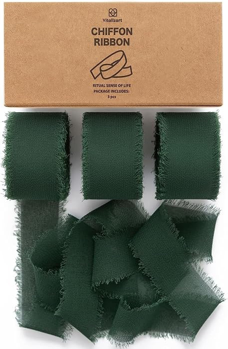 Vitalizart Dark Green Chiffon Silk Ribbon 1" x 21 Yd Fringe Fabric Package (3 Rolls * 7 Yd) for W... | Amazon (US)