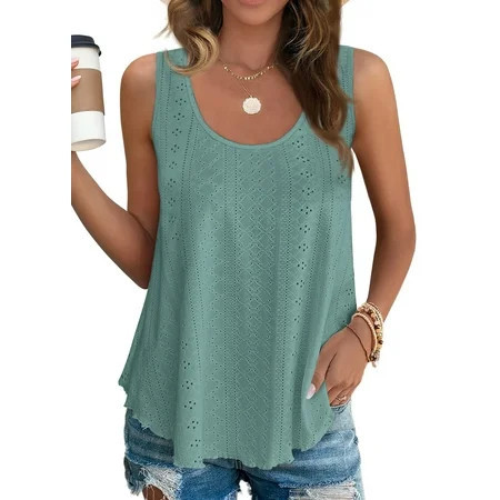 Fantaslook Womens Tank Tops Eyelet Crew Neck Sleeveless Tops Dressy Casual Flowy Summer Shirts | Walmart (US)