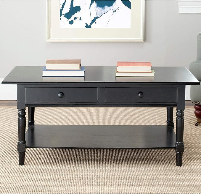Black 2-Drawer Coffee Table - 41.7" X 21.7" 18.5" Transitional Rectangle Pine Tile Wood Painted | Amazon (US)