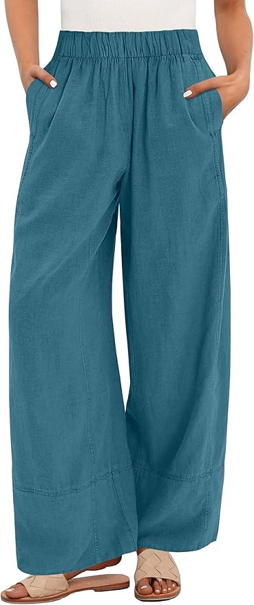 ANRABESS Women's Wide Leg Linen Pants Summer Boho Casual Elastic Waist Long Lounge Travel Pants T... | Amazon (US)