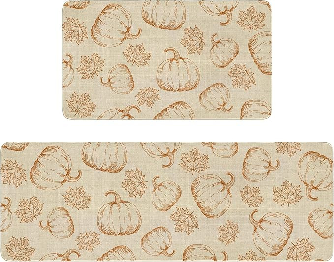 Fall Kitchen Rugs Set of 2,Orange Pumpkin Maple Leaves Autumn Thanksgiving Farmhouse Floor Mats a... | Amazon (US)